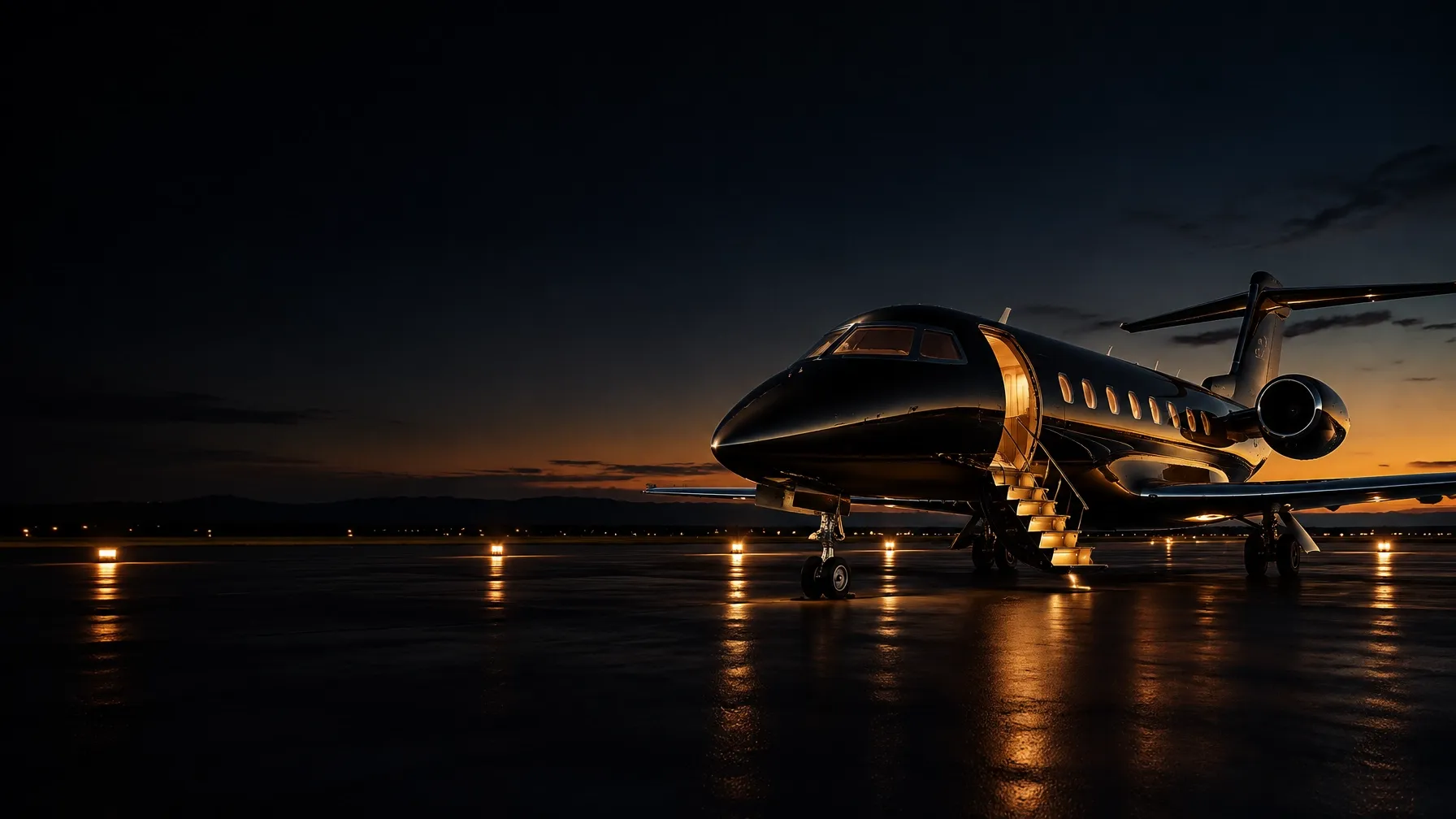 Private jet on a lit runway at dusk